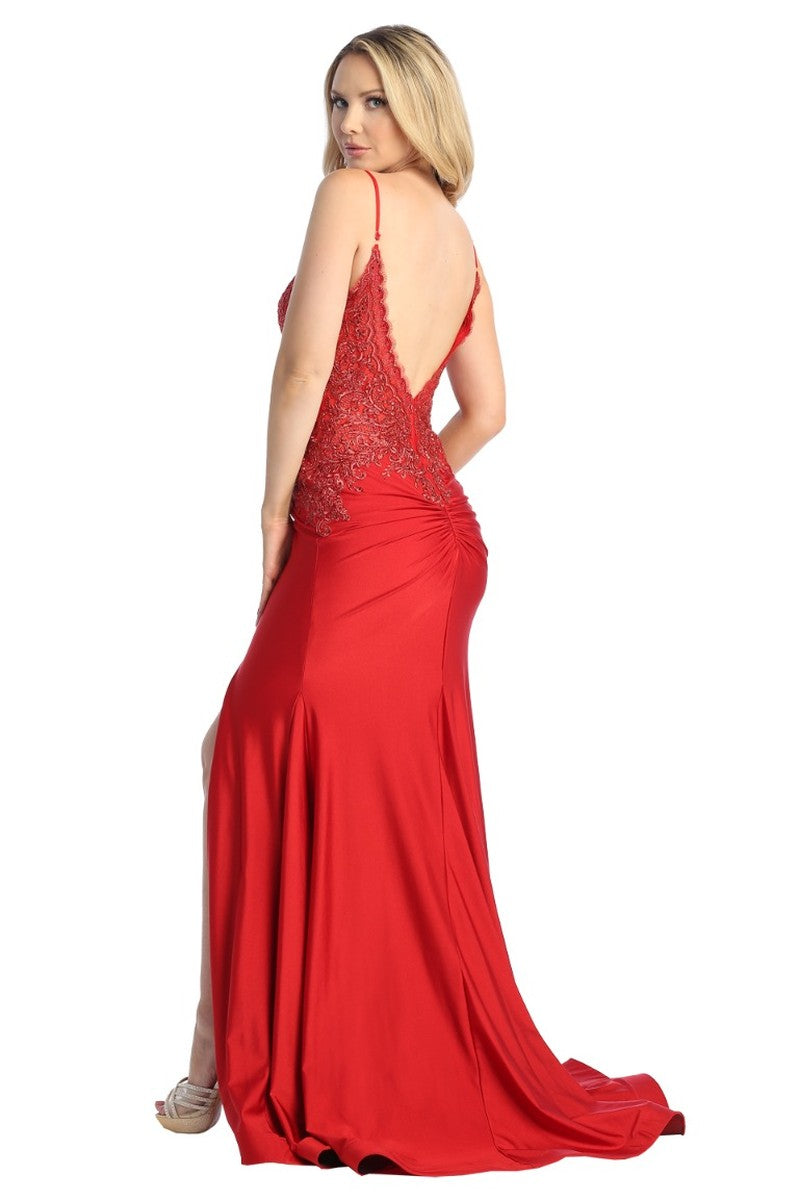 Red sleeveless beaded bodice mermaid prom gown, back view