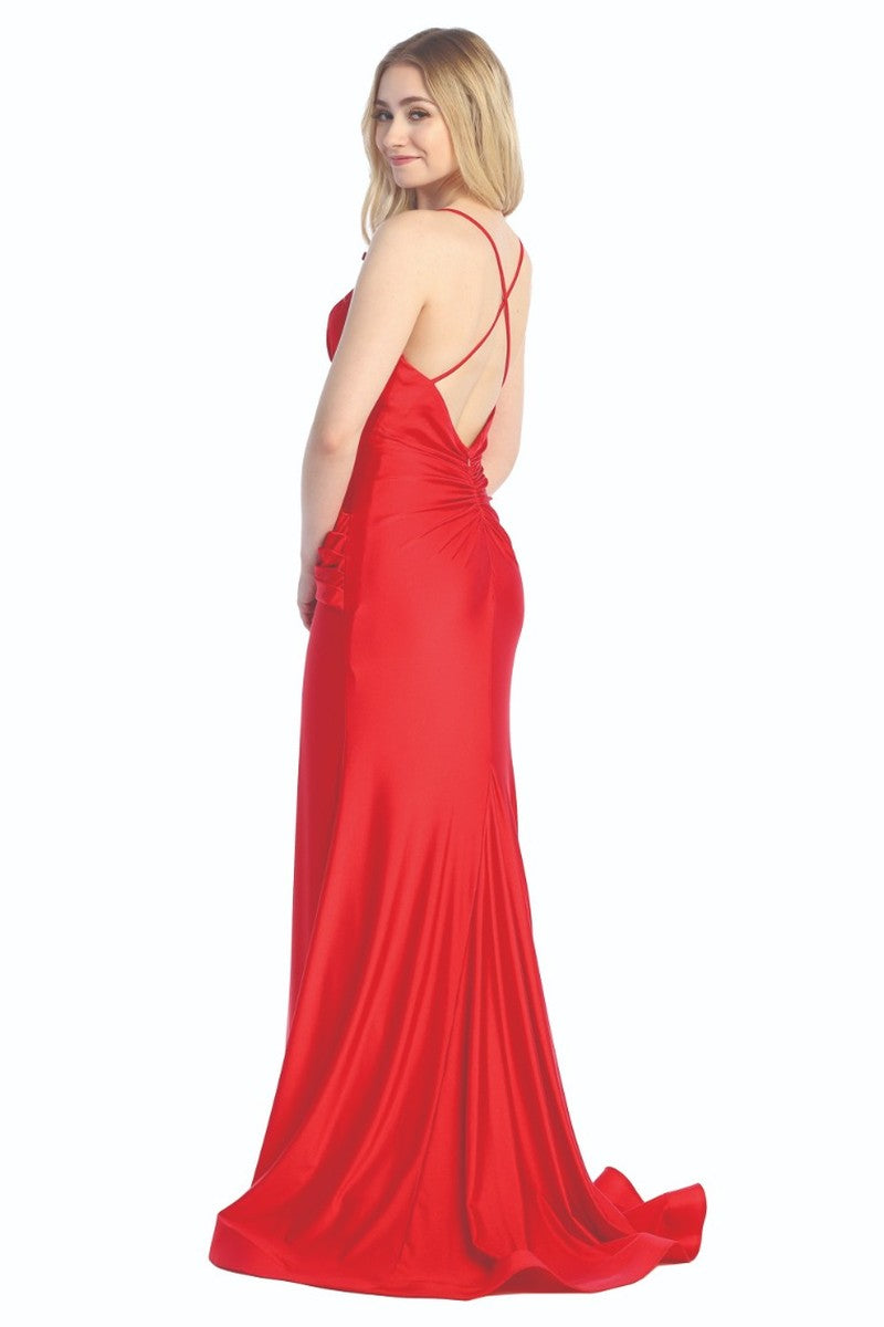Red sleeveless ruched satin mermaid prom gown, back view