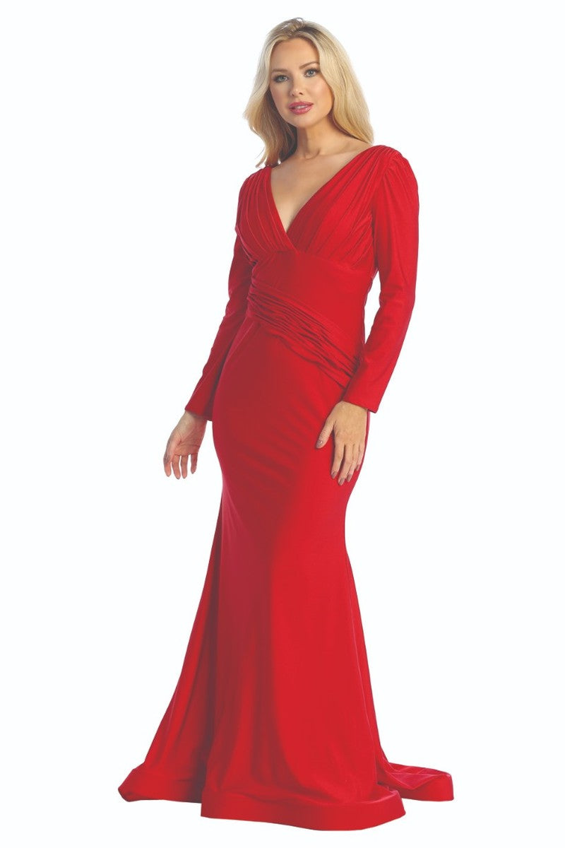 Red long sleeve ruched satin fitted prom gown, front view