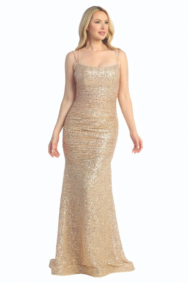 Champagne sleeveless sequin mermaid prom gown, front view