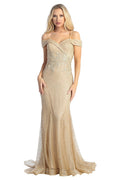Champagne off shoulder lace applique mermaid prom gown, front view