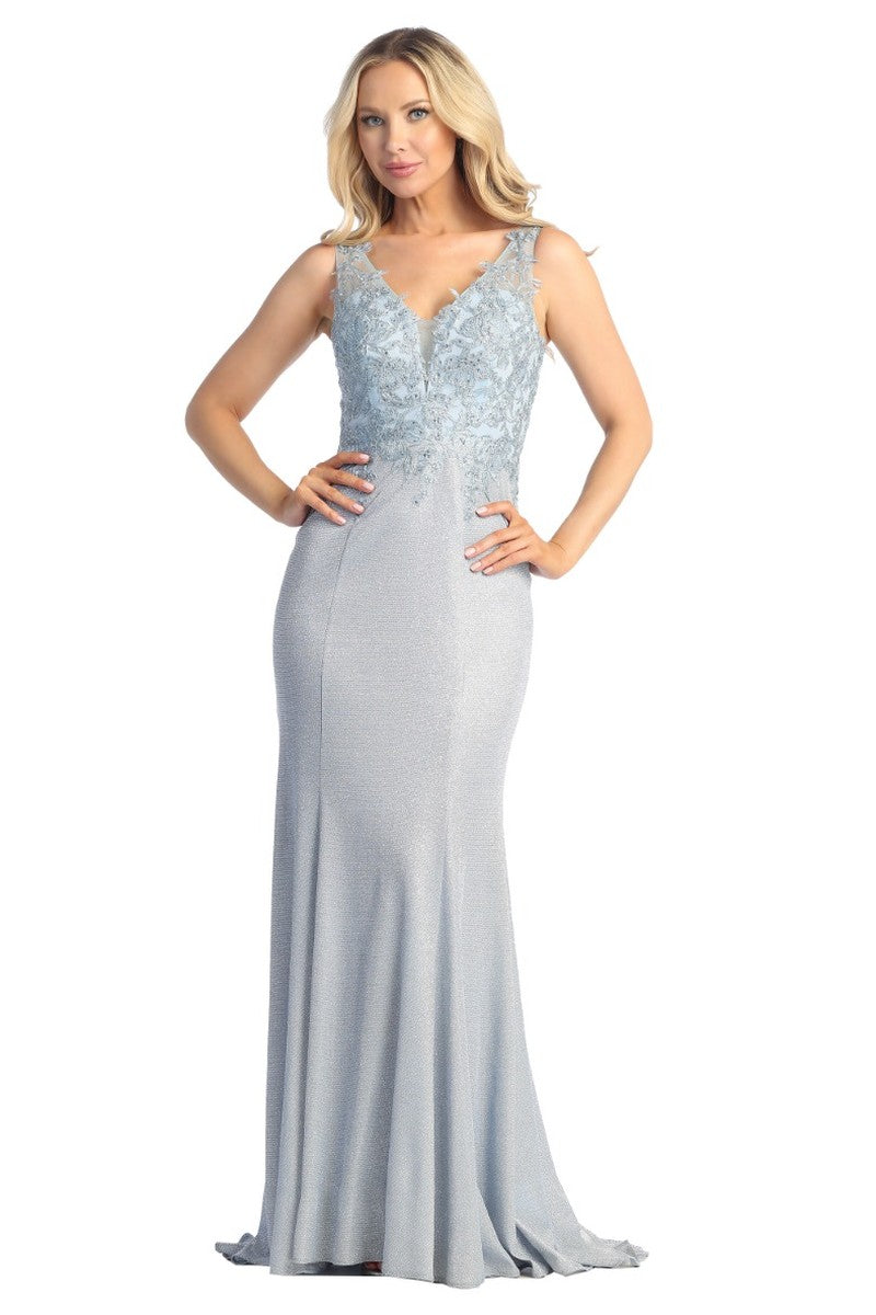 Blue sleeveless mermaid prom gown, front view