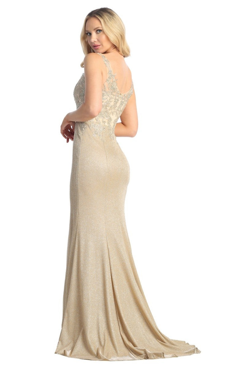 Champagne sleeveless mermaid prom gown, back view