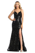 Black sleeveless sequin fitted prom gown, front view