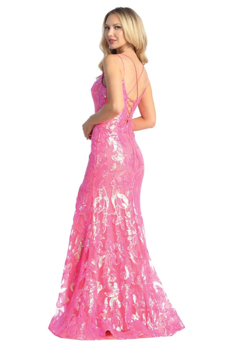 Hot Pink sleeveless sequin fitted prom gown, back view