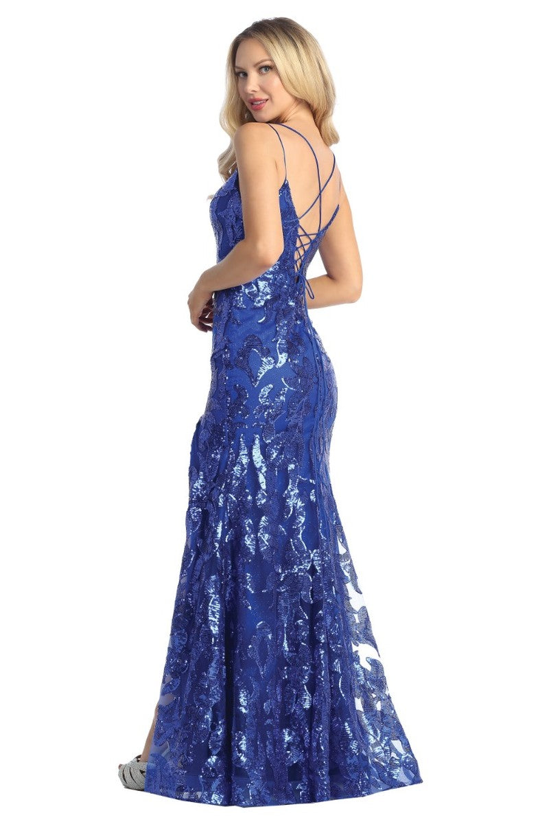 Royal Blue sleeveless sequin fitted prom gown, back view