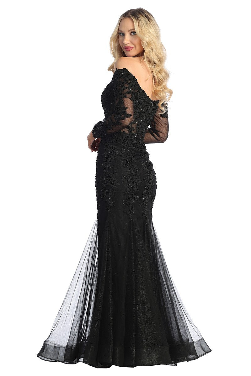 Black long sleeve lace applique tulle mermaid prom gown, front view