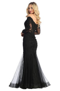 Black long sleeve lace applique tulle mermaid prom gown, front view