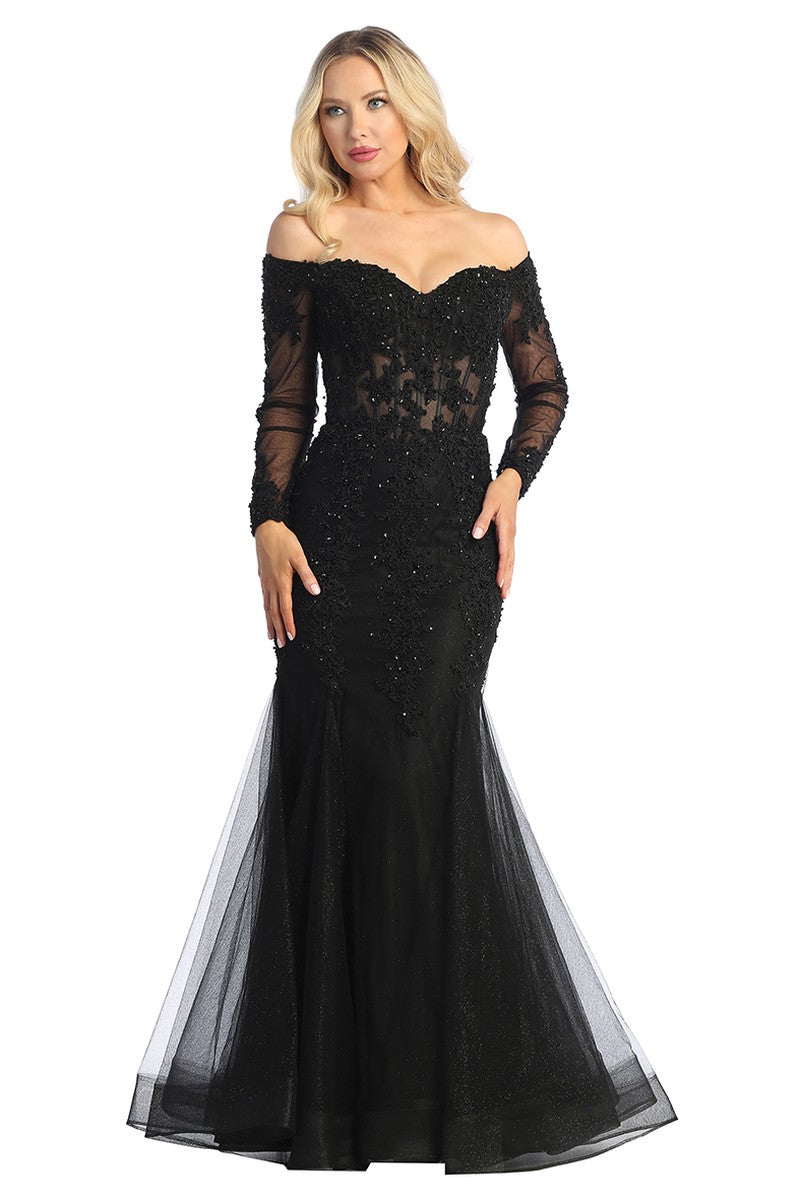 Black long sleeve lace applique tulle mermaid prom gown, back view