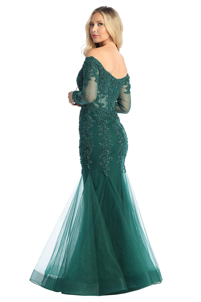 Emerald long sleeve lace applique tulle mermaid prom gown, back view