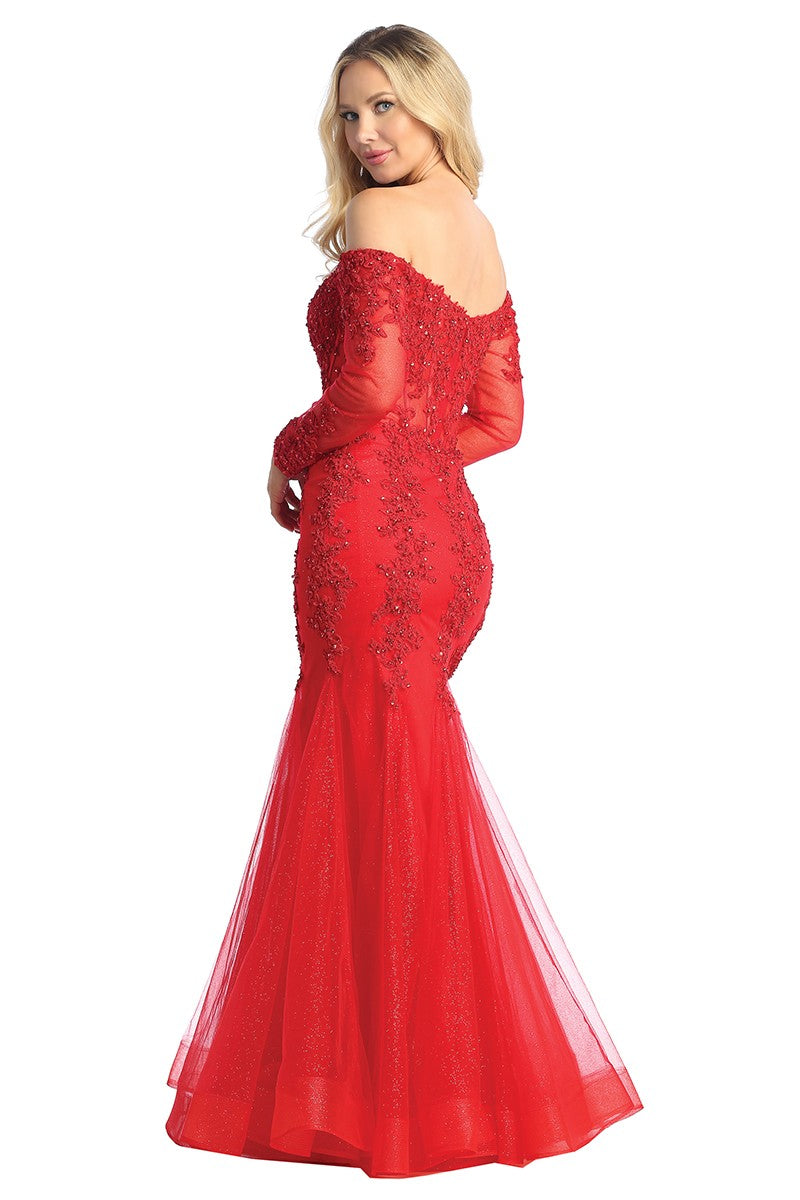 Red long sleeve lace applique tulle mermaid prom gown, back view