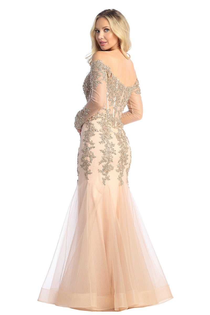 Rose Gold long sleeve lace applique tulle mermaid prom gown, back view
