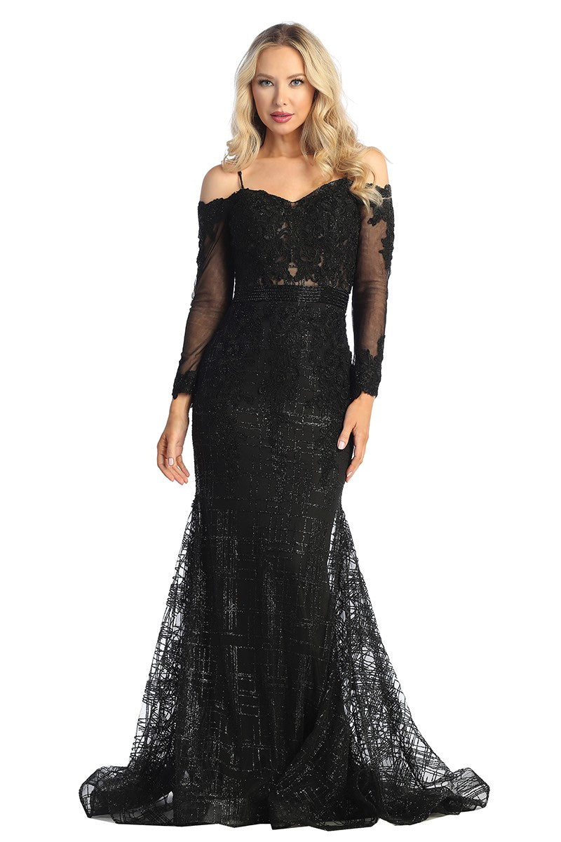 Black long sleeve embellished mermaid prom gown, front view