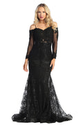 Black long sleeve embellished mermaid prom gown, front view