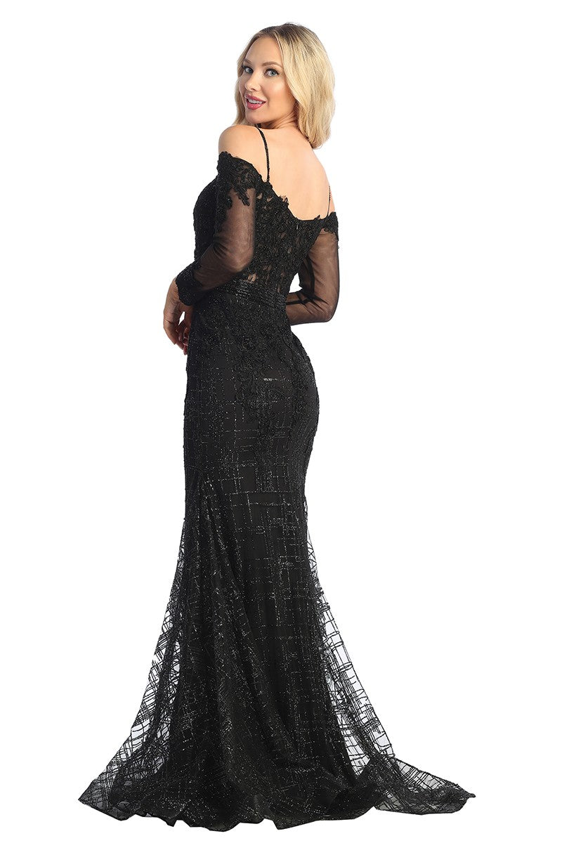 Black long sleeve embellished mermaid prom gown, back view