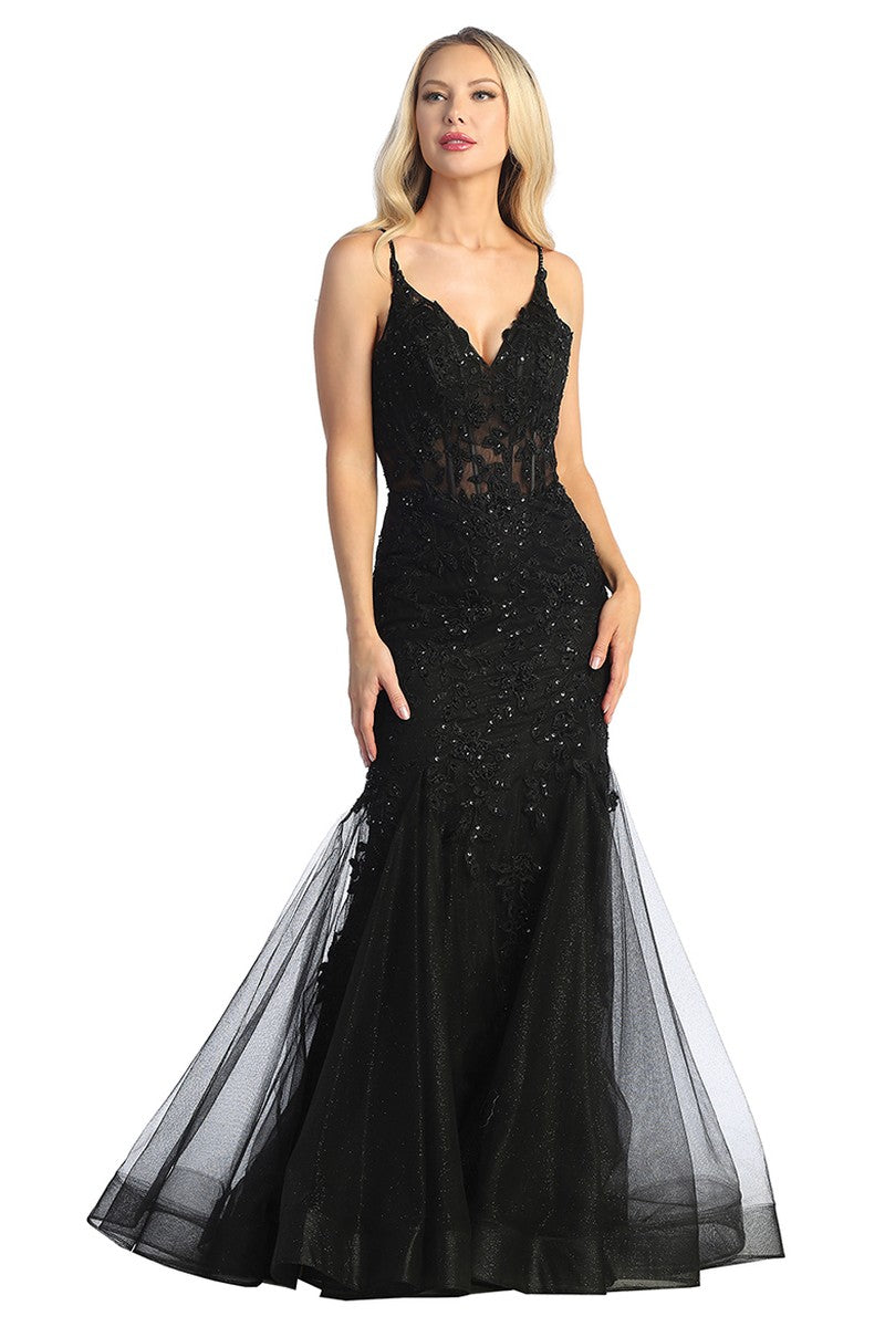 Black sleeveless sequin tulle mermaid prom gown, front view