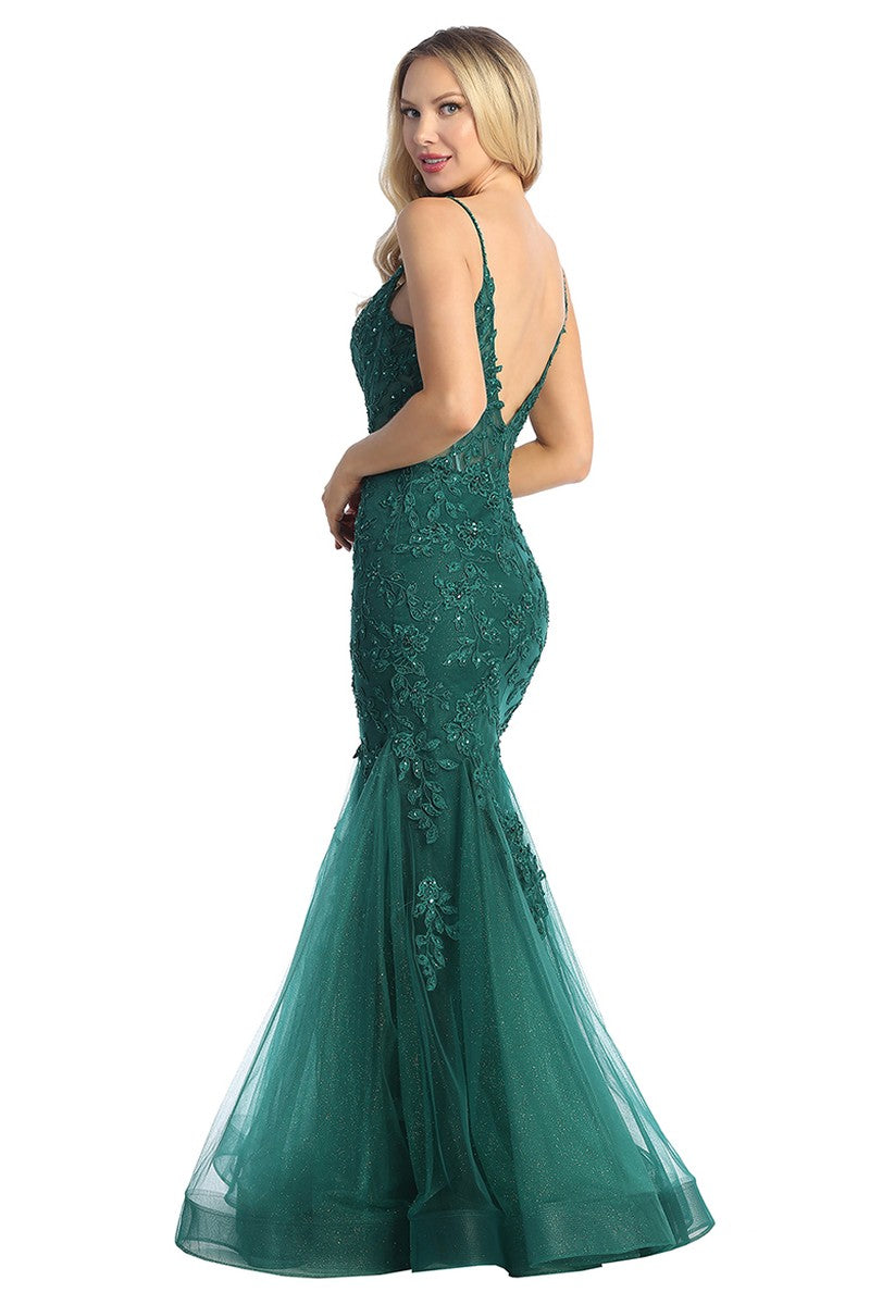 Emerald sleeveless sequin tulle mermaid prom gown, back view