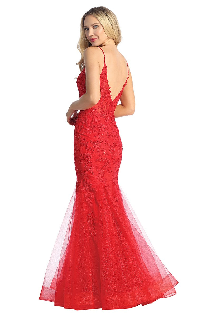 Red sleeveless sequin tulle mermaid prom gown, back view