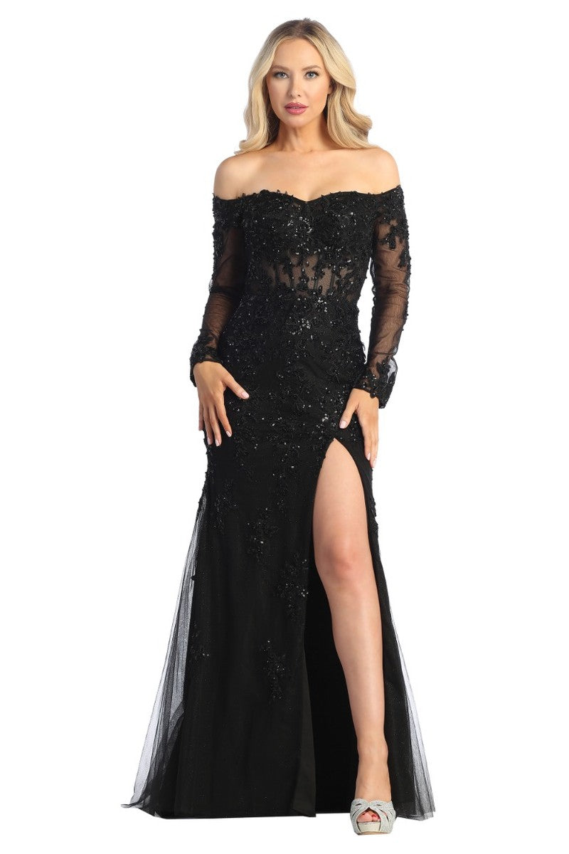 Black long sleeve lace applique fitted prom gown, front view