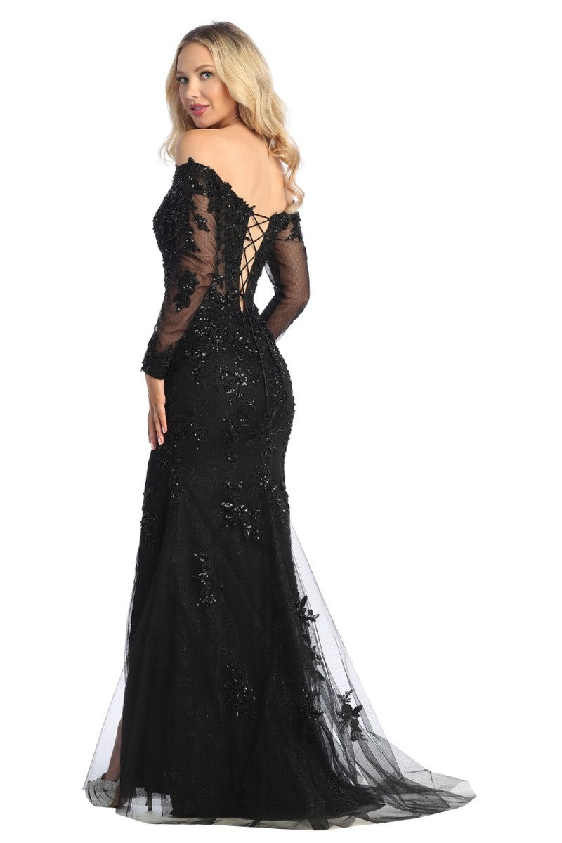 Black long sleeve lace applique fitted prom gown, back view