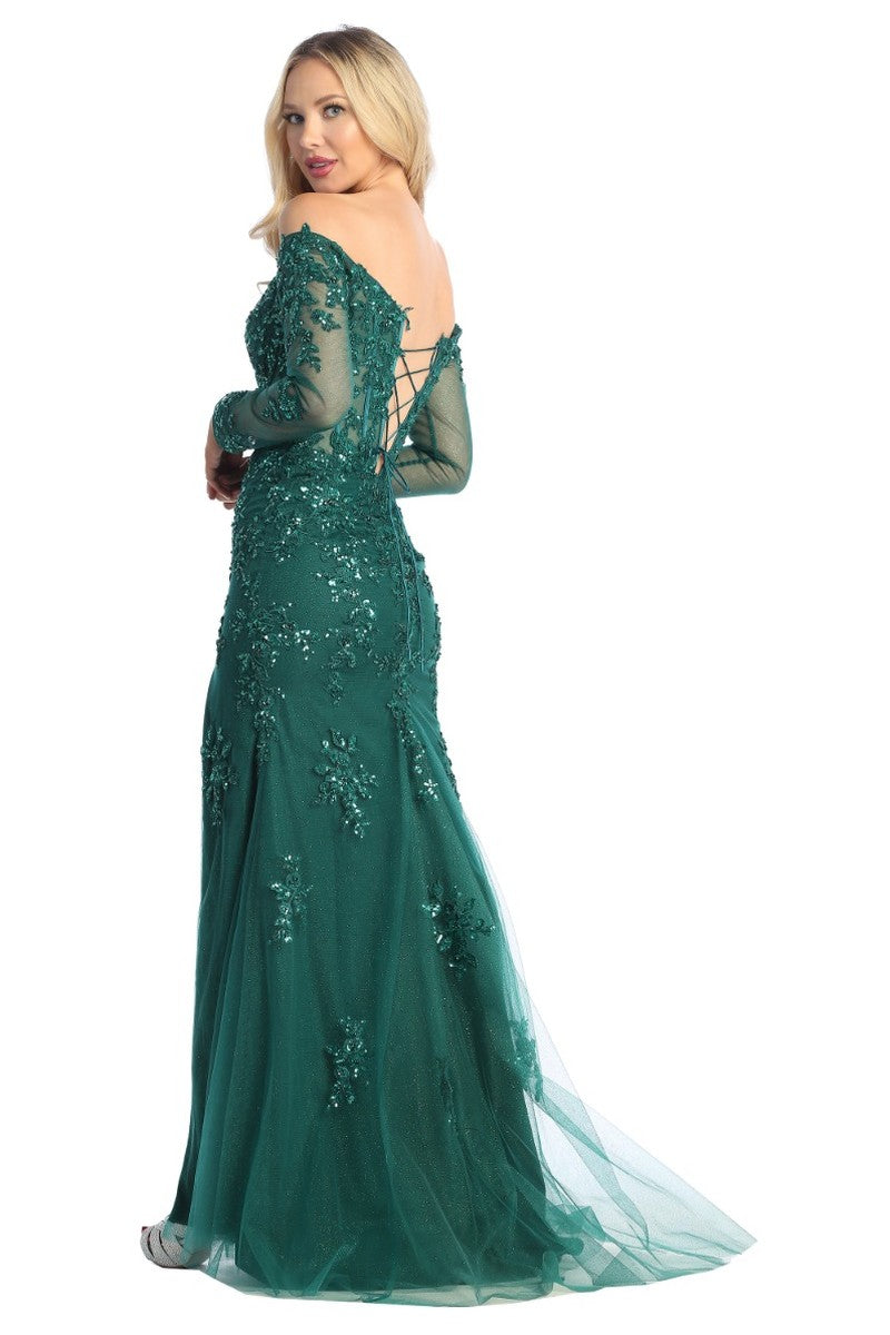 Emerald long sleeve lace applique fitted prom gown, back view