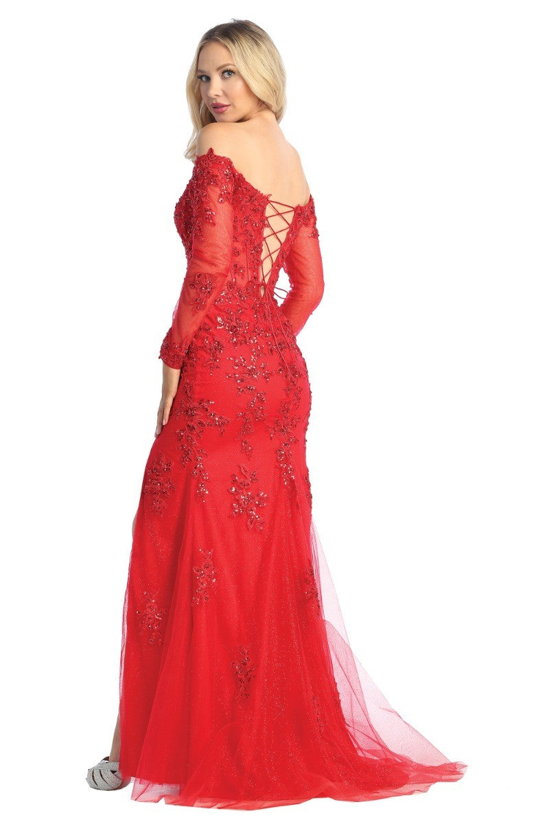 Red long sleeve lace applique fitted prom gown, back view