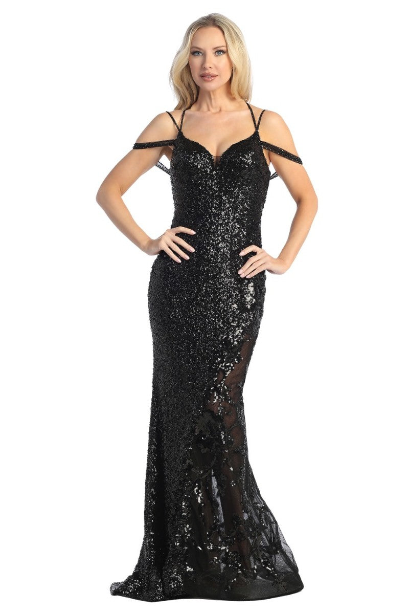 Black sequin fitted prom gown, front view