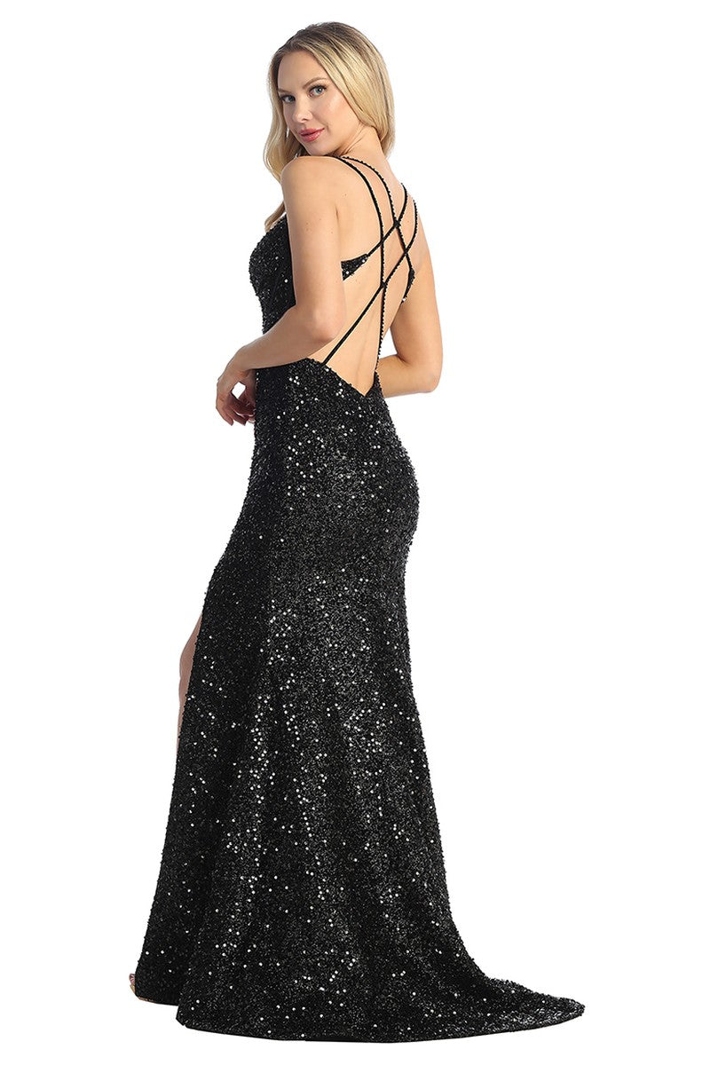 Black sleeveless sequin mermaid prom gown, back view