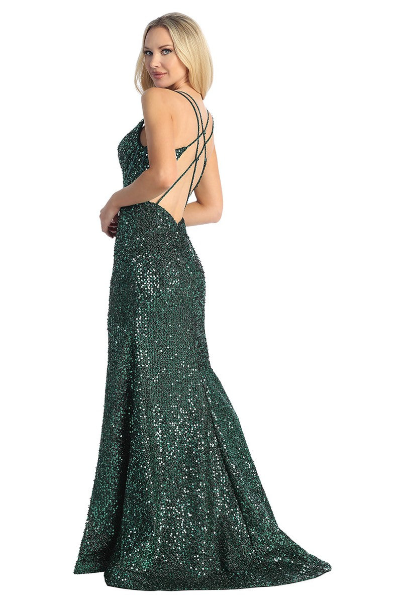 Emerald sleeveless sequin mermaid prom gown, back view
