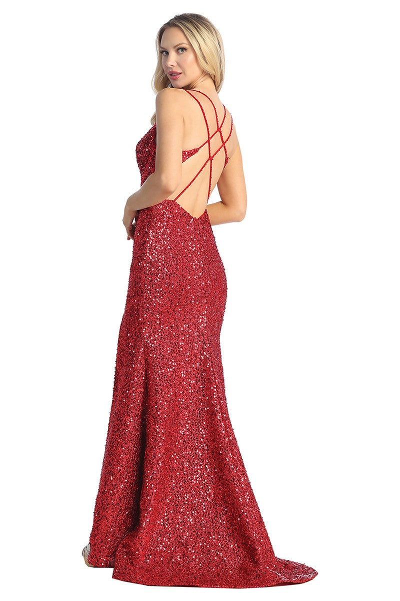 Red sleeveless sequin mermaid prom gown, back view