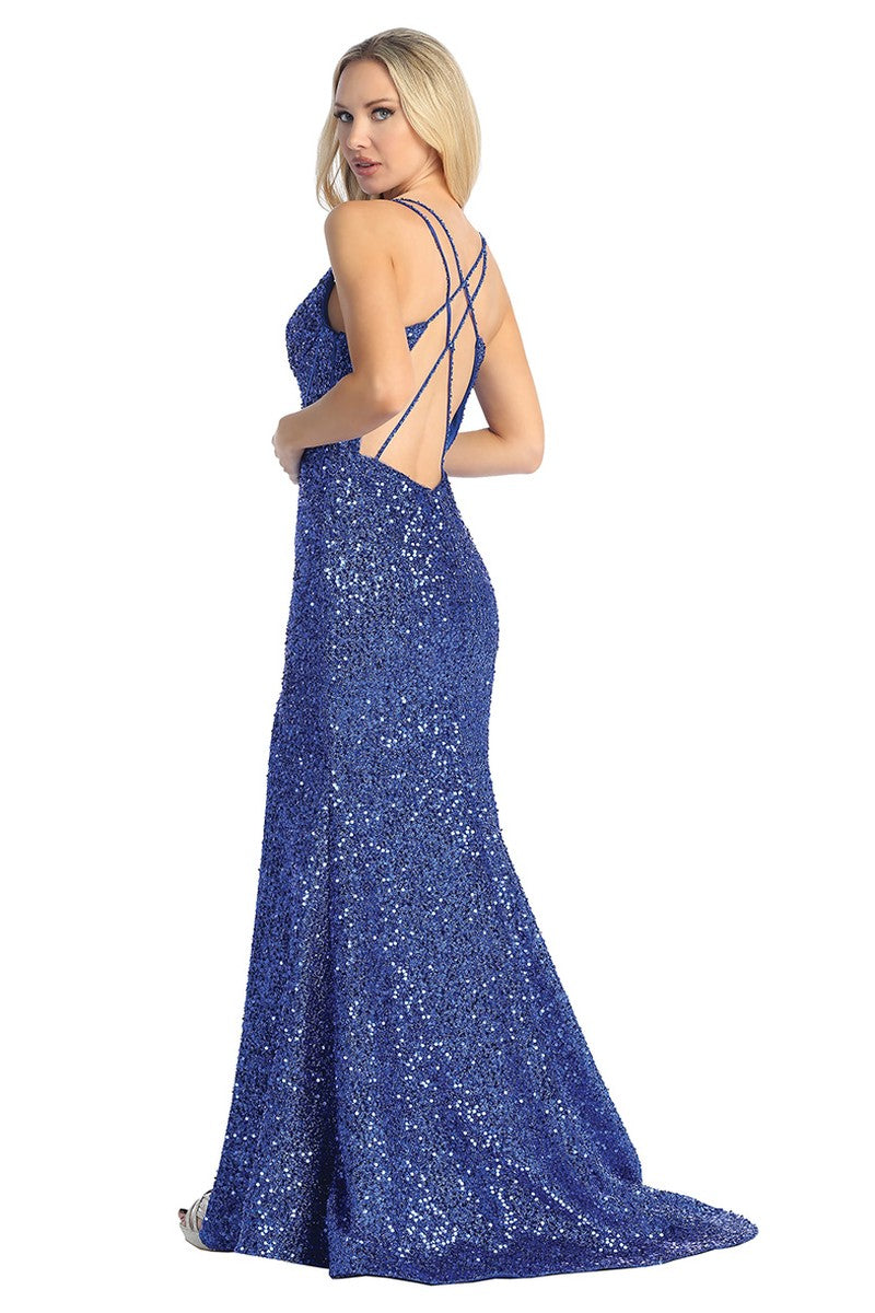Royal Blue sleeveless sequin mermaid prom gown, back view