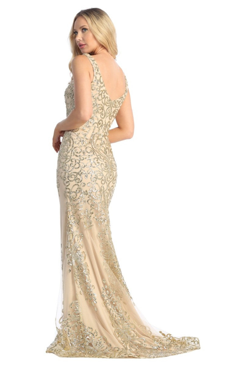 Champagne sleeveless lace applique mermaid prom gown, front view