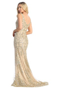 Champagne sleeveless lace applique mermaid prom gown, front view