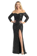 Charcoal long sleeve sequin fitted prom gown, front view