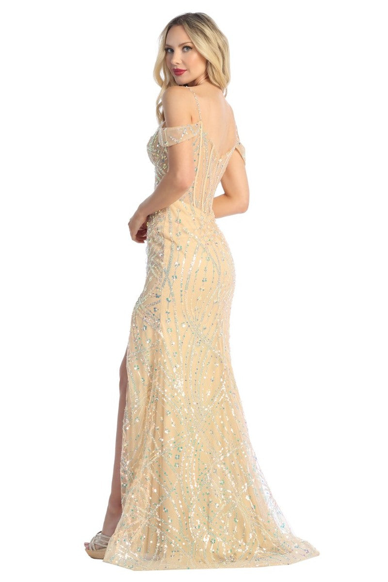 Champagne off shoulder sequin mermaid prom gown, back view