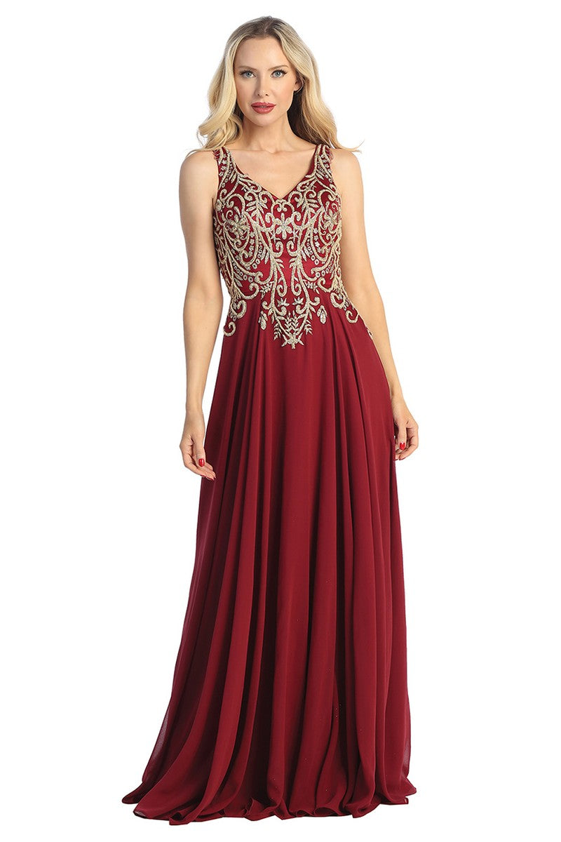 Burgundy sleeveless beaded bodice chiffon a-line prom gown, front view