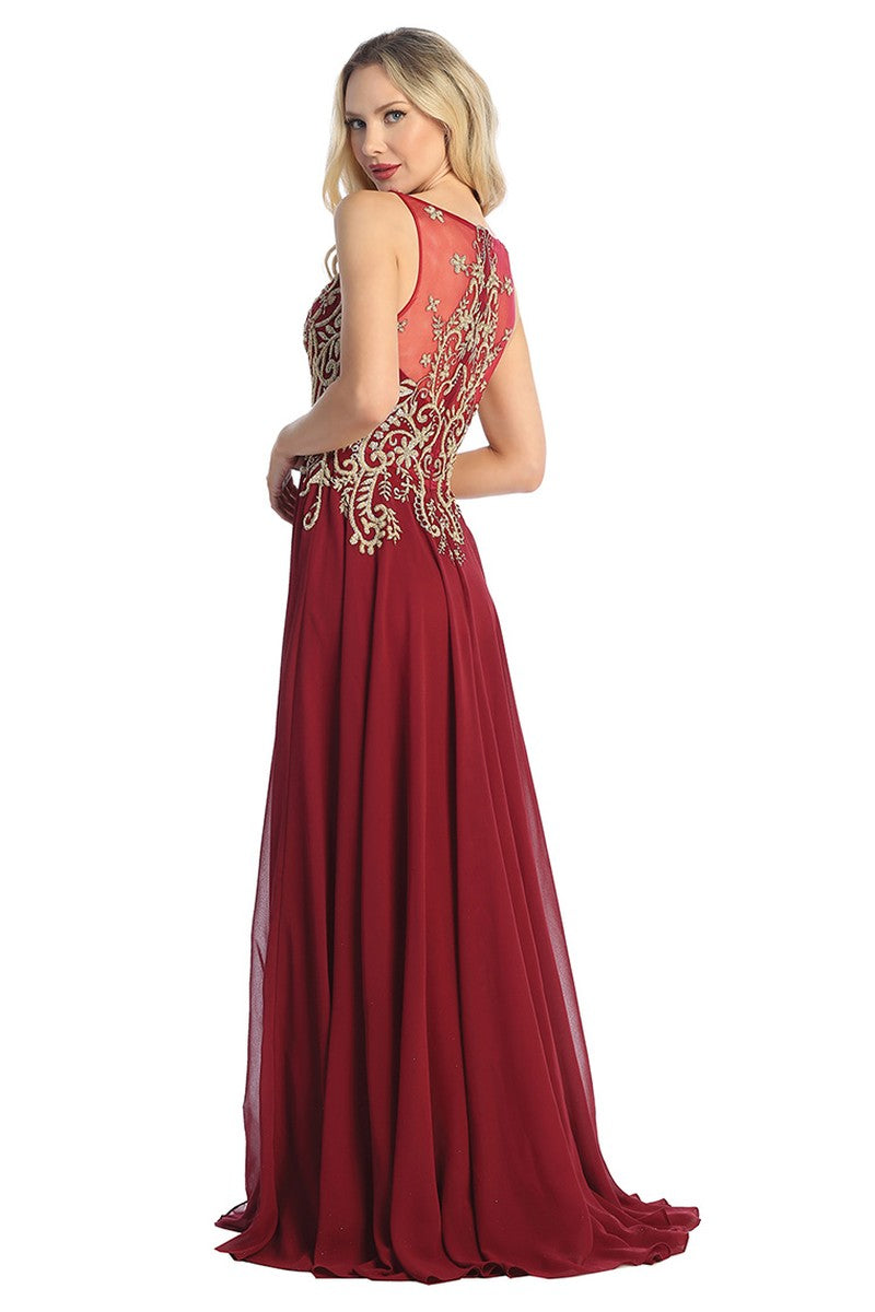 Burgundy sleeveless beaded bodice chiffon a-line prom gown, back view