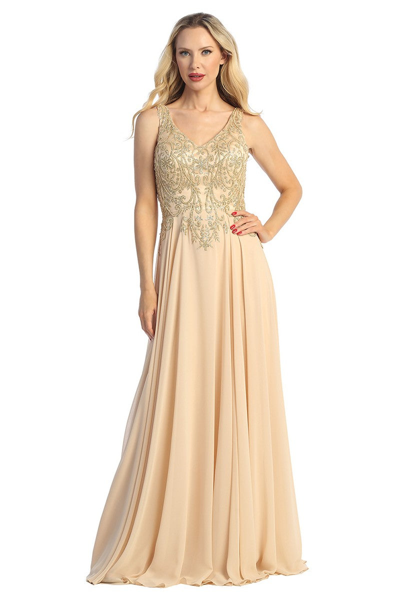 Champagne sleeveless beaded bodice chiffon a-line prom gown, front view