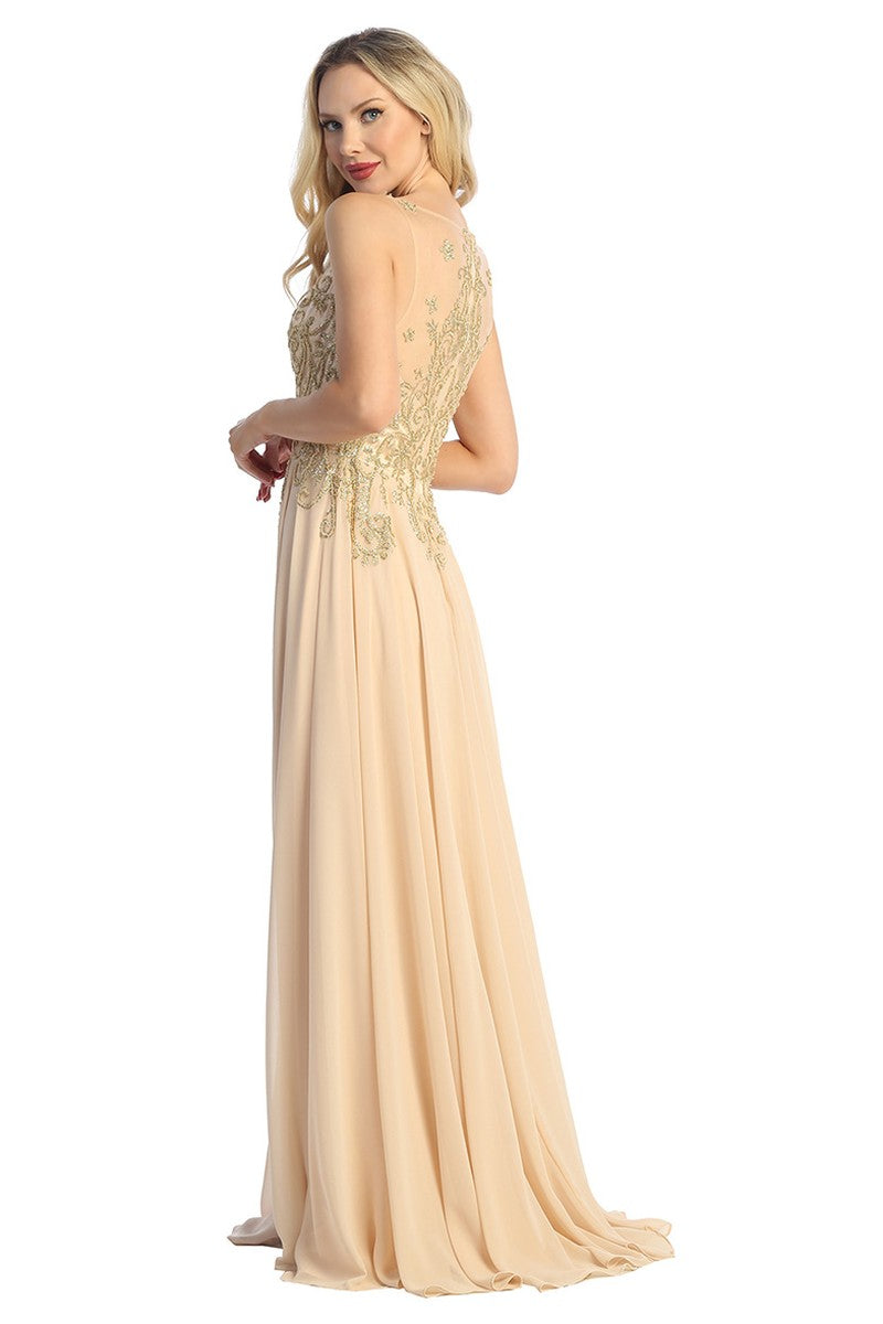 Champagne sleeveless beaded bodice chiffon a-line prom gown, back view