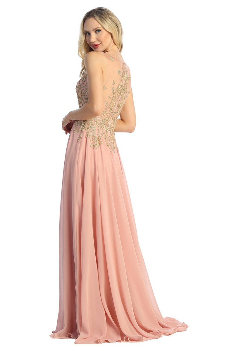 Dusty Rose sleeveless beaded bodice chiffon a-line prom gown, back view