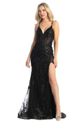 Black sleeveless sequin mermaid prom gown, front view