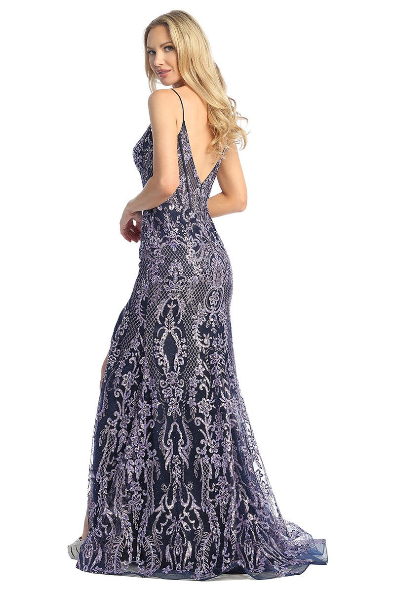 Purple sleeveless sequin mermaid prom gown, back view