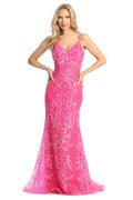 Fuchsia sleeveless sequin mermaid prom gown, front view