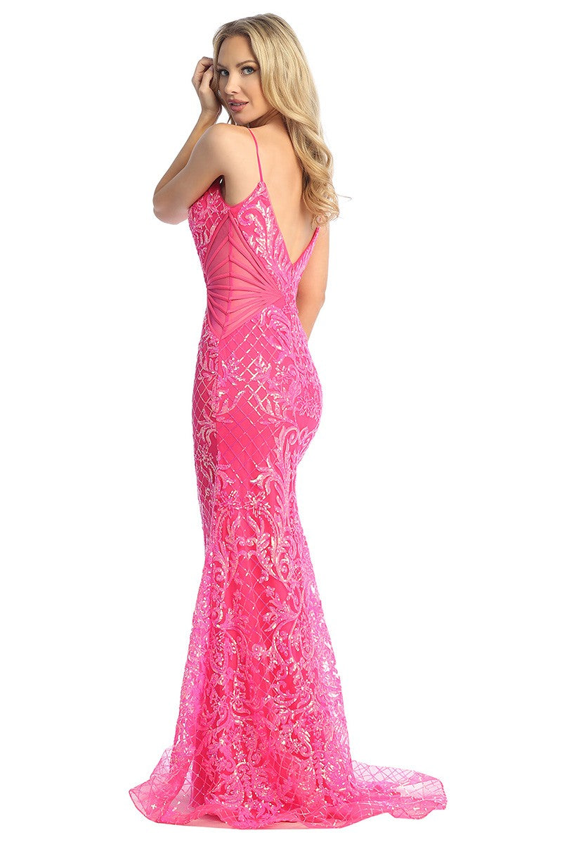 Fuchsia sleeveless sequin mermaid prom gown, back view