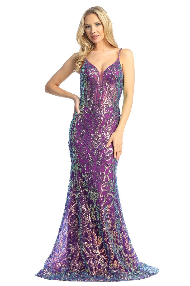 Fuchsia sleeveless sequin mermaid prom gown, back view