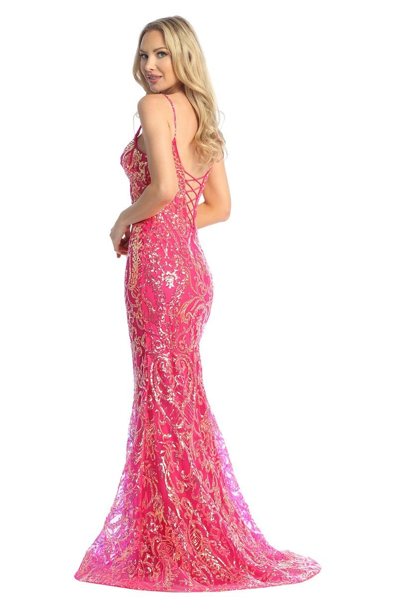 Purple sleeveless sequin mermaid prom gown, back view