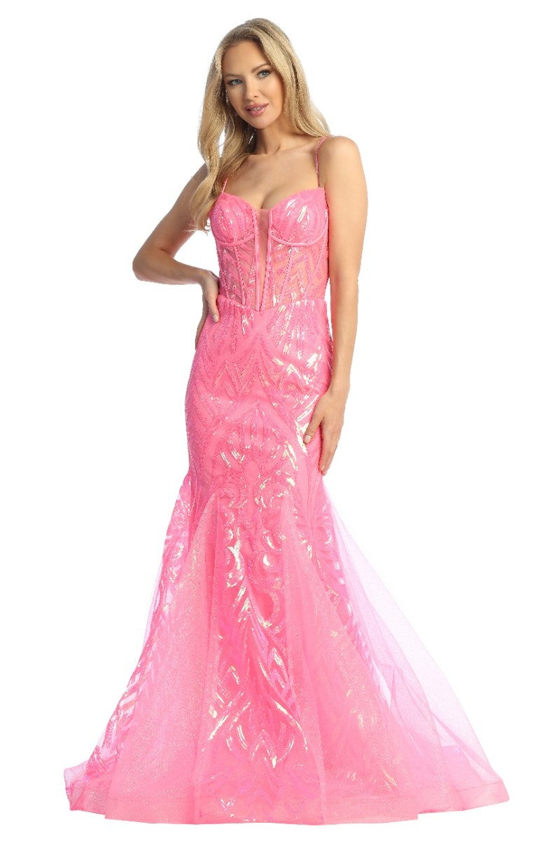 Hot Pink sleeveless sequin tulle mermaid prom gown, front view