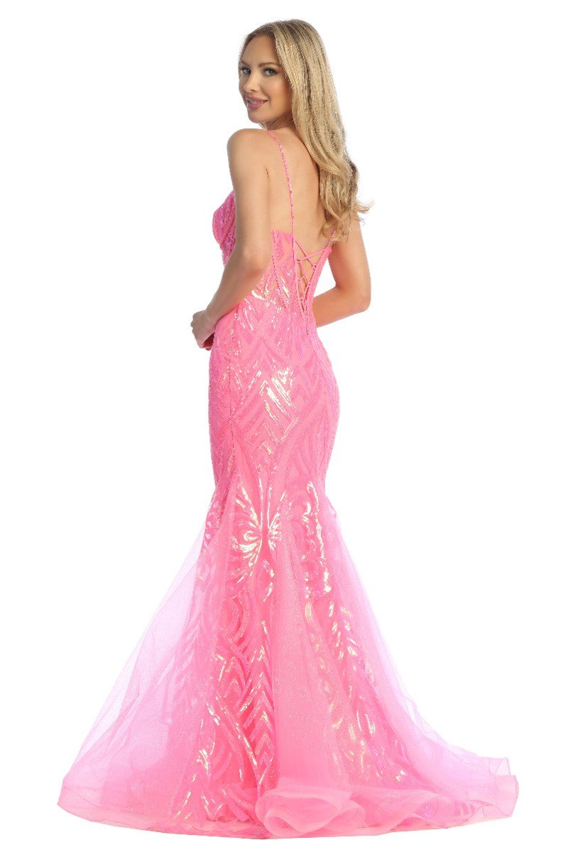 Hot Pink sleeveless sequin tulle mermaid prom gown, back view