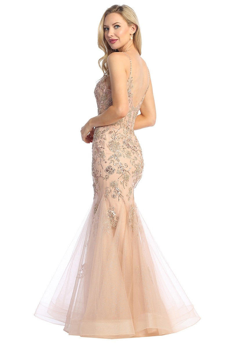 Rose Gold sleeveless beaded bodice tulle mermaid prom gown, back view