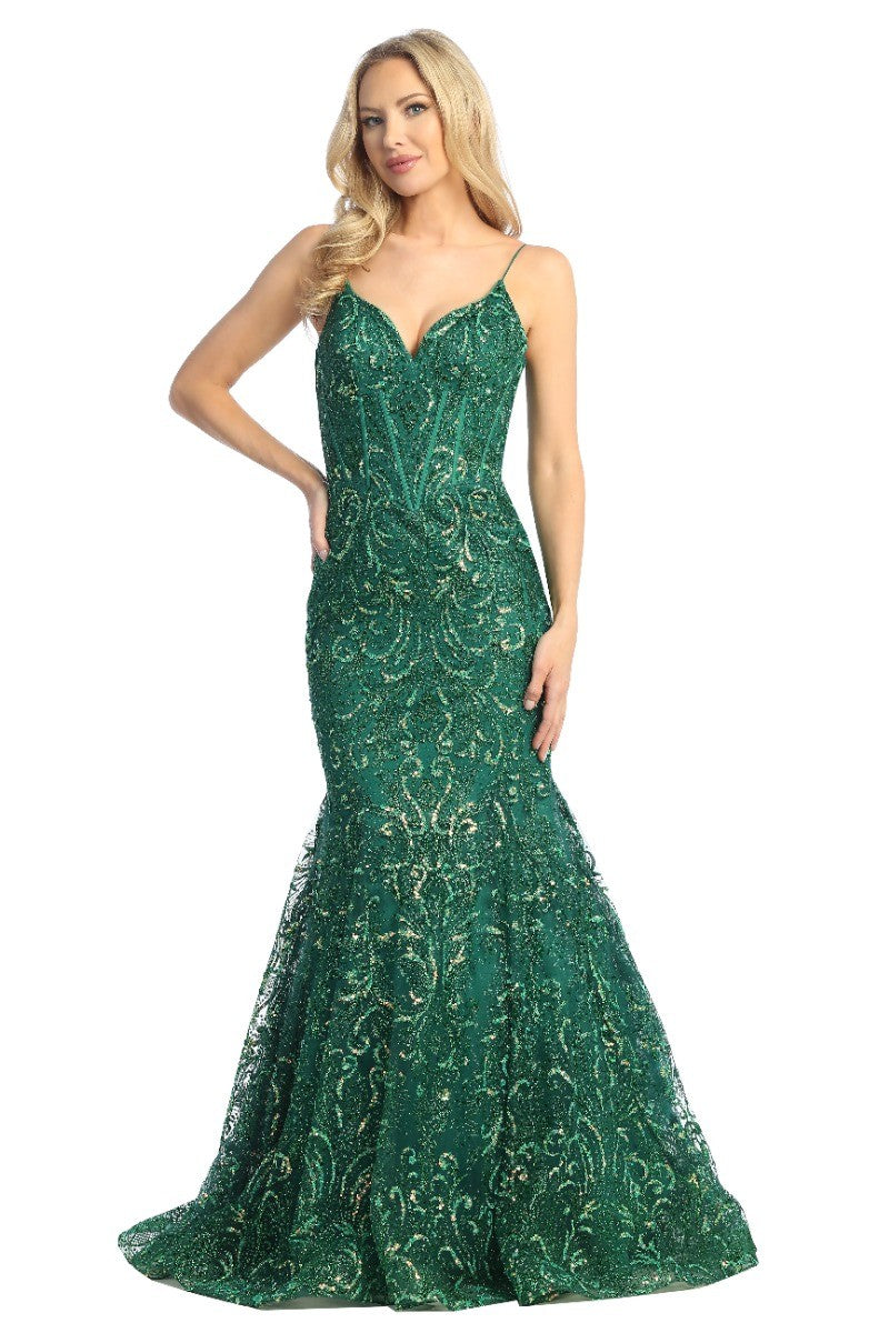 Emerald sleeveless sequin mermaid prom gown, front view
